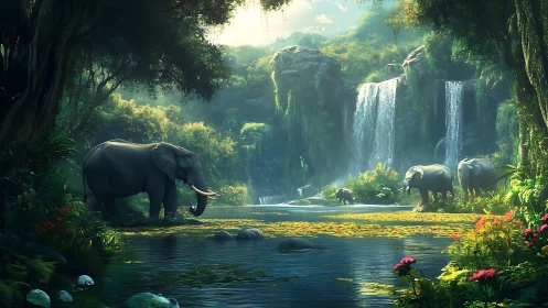 Elephants standing in lush jungle river with waterfalls.