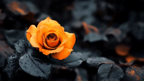 Vibrant Orange Rose Against Dark Charred Background.