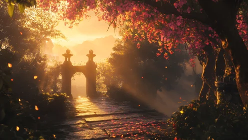 Sunlit blossom path leading to misty stone garden gate.