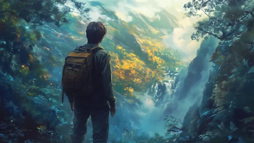 Solitary hiker overlooking misty, sunlit valley vista.