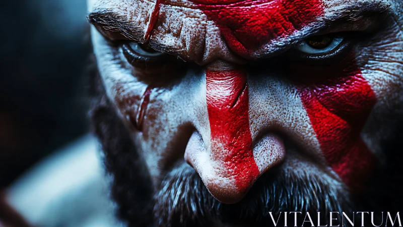 War-torn warrior’s painted glare burns through icy shadows