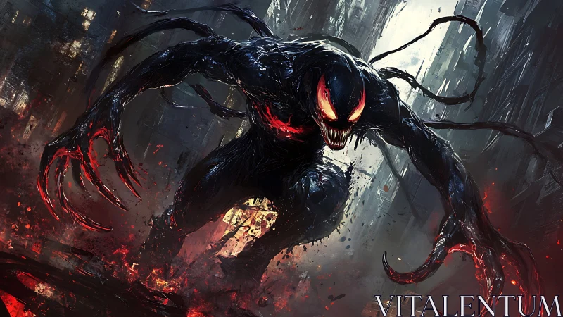 Ferocious dark creature storming a crumbling neon cityscape.