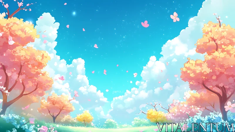 Vibrant spring meadow with stylized cherry trees and petals