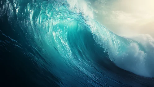 Photorealistic breaking wave with dynamic crest lighting.