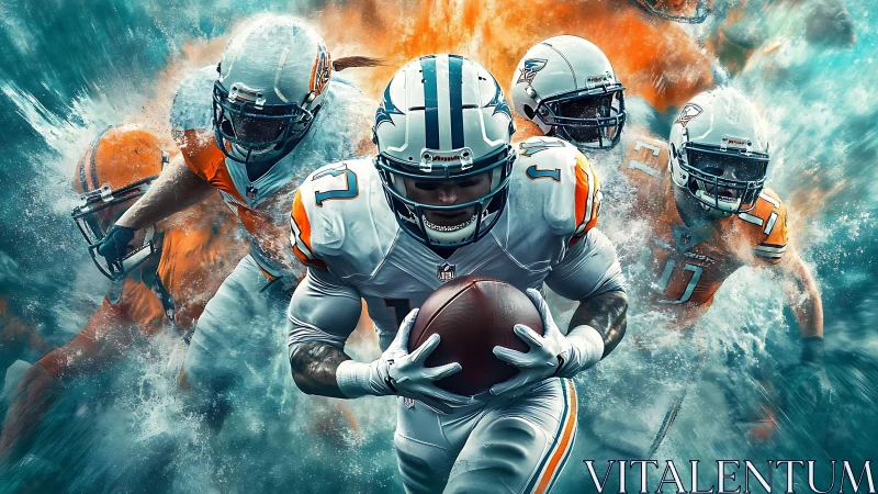 Gridiron comet rush in teal and orange storm of motion.