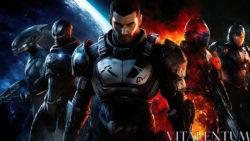 Armored space squad in planetary orbit with fiery backdrop.