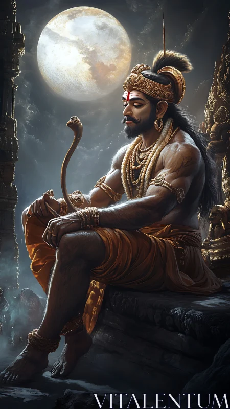 Mythic warrior figure seated under full moonlight period.