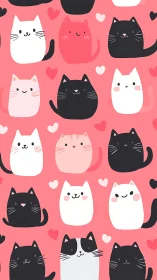 Whimsical Cat Characters Arranged in Repetitive Pattern Composition