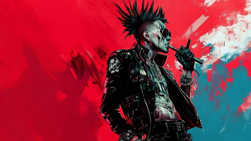 Cyberpunk punk smoking against red teal abstract backdrop