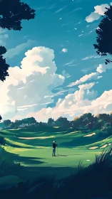 Solitary golfer contemplates a shot beneath towering clouds