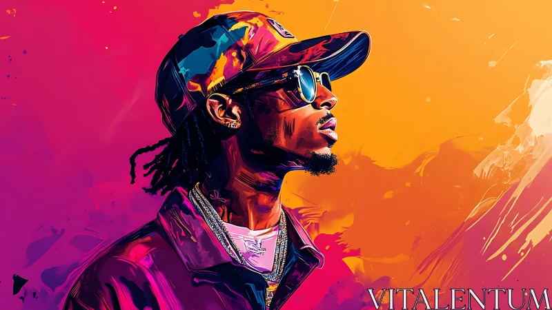 Vibrant digital portrait of man in cap and sunglasses.