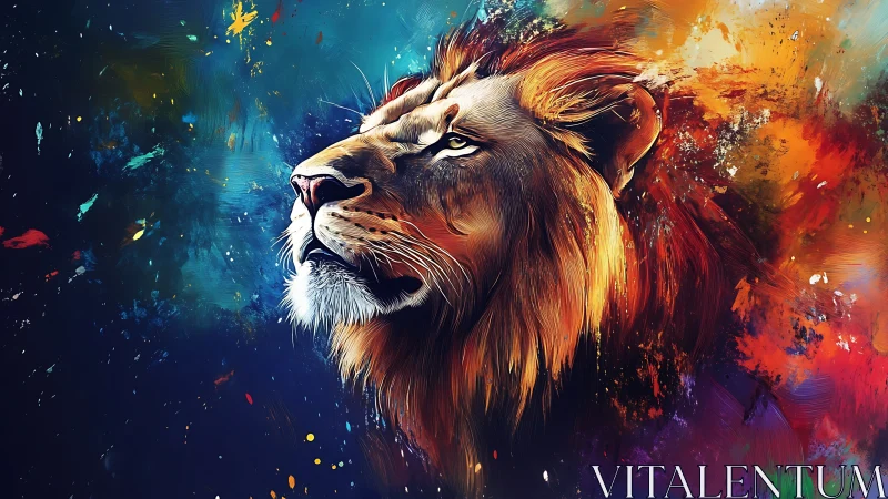 Digital lion portrait with vivid bokeh splatter background.