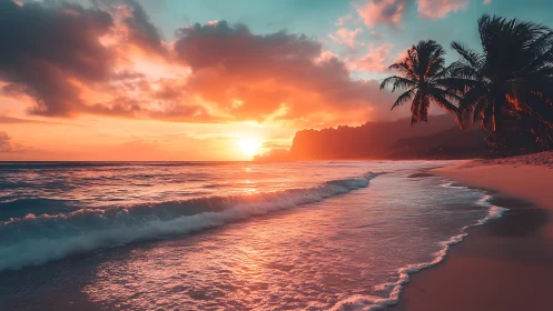 Tropical beach sunset glows over rolling surf and silhouettes