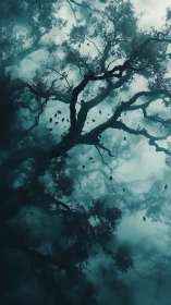 Fog-drenched forest canopy with silhouetted branches and leaves