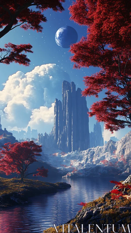 Red forest surrounds alien river beneath distant blue moon