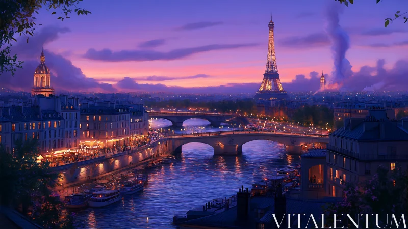 Romantic evening cityscape with river, bridges, and tower.