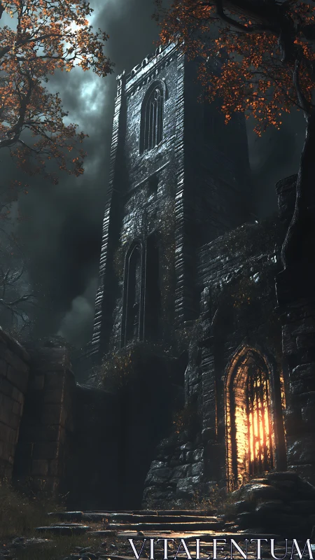 Stormlit tower brooding over a gate of embered secrets.