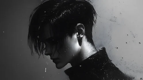 Monochrome side profile of solitary figure in shadowed space.