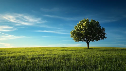 Lone tree in lush green field under vibrant blue sky, realistic style.
