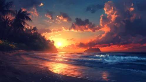 Sunset surf polishes a tropical shore in molten citrus light