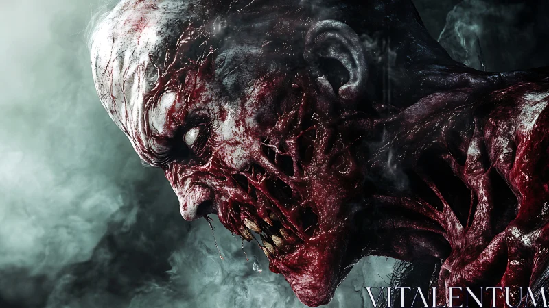 Grotesque zombie profile emerges from swirling fog in agony.