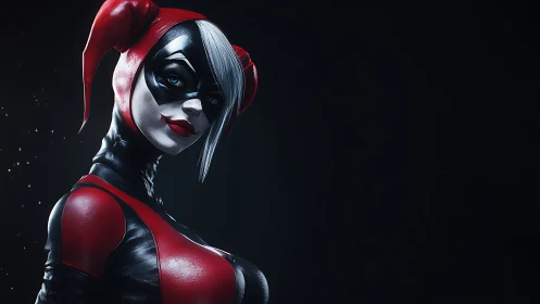 Female jester character rendered in glossy red and black latex