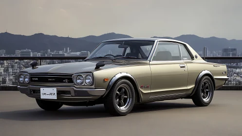 Classic Japanese coupe glows against a hazy city skyline