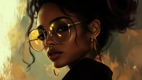 Golden glow portrait of a stylish woman in round glasses.