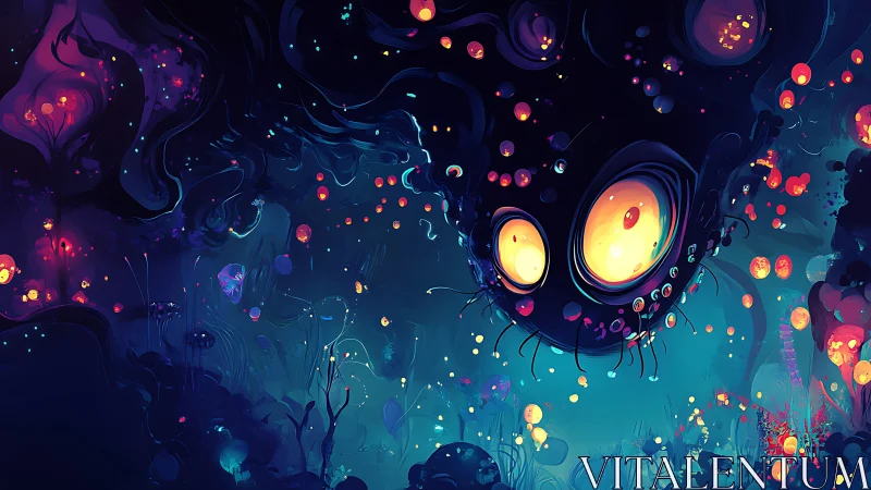 Glowing-eyed cosmic creature drifts above a neon dream forest