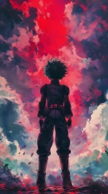 Anime hero silhouette under vivid red storm sky.