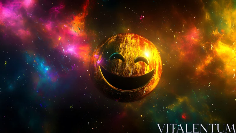 Smiling metallic sphere floats within vivid multicolored nebula