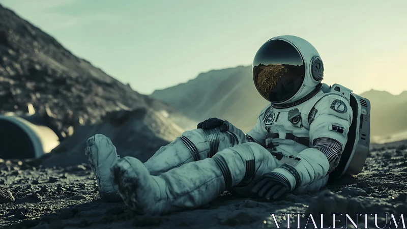 Solitary astronaut rests on rocky extraterrestrial terrain