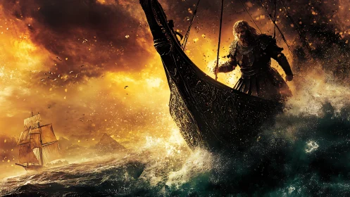 Armored Viking helms ornate longship through turbulent, backlit storm