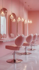 Pink salon chairs line a glossy interior with pendant lights