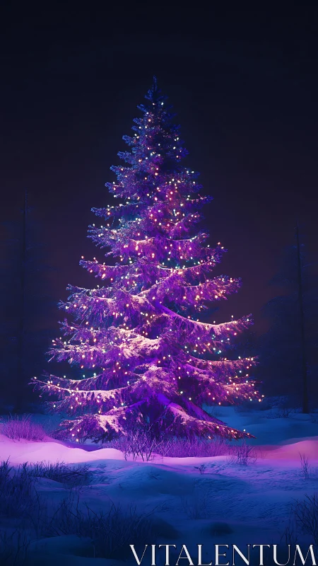 Snow-draped fir tree with luminous multicolor festive lights.