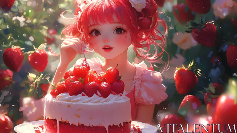 Radiant strawberry girl savoring cake in dreamy garden.