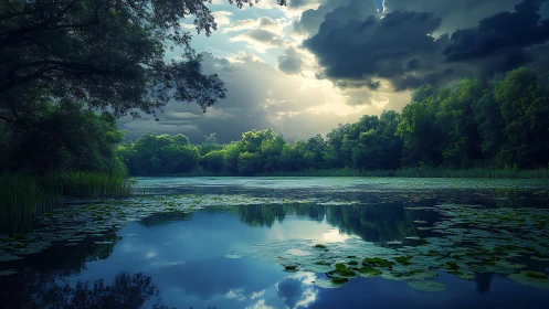 Moody forest lake mirrors stormy skies in tranquil stillness.