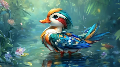 Colorful stylized duck standing in a calm forest pond.