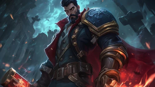 Armored male figure stands in storm-lit ruined environment