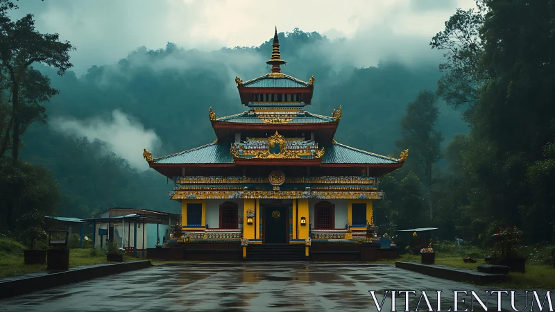 Symmetric Himalayan monastery facade in mist-laden rainforest.