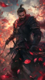 Scarlet-blade wanderer strides through a storm of burning petals.