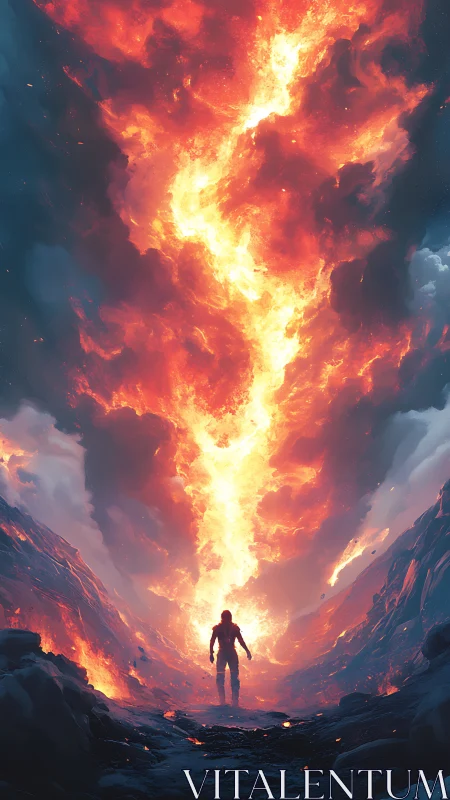Lone wanderer strides beneath a sky split by molten fire