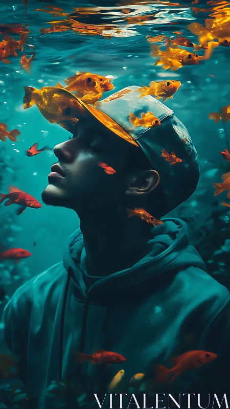 Man in hoodie and cap rendered submerged among vivid goldfish