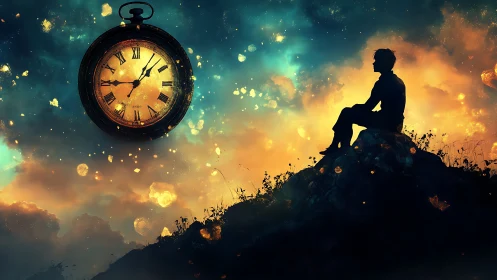 Stargazing thinker beneath a cosmic clock of drifting hours.