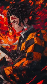 Anime swordsman with checkered haori stands amid blazing flames