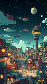 Starlit floating city buzzing with cozy futuristic life.