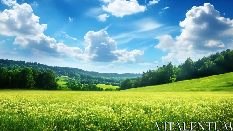 Grassy valley landscape under cumulus clouds in daylight.
