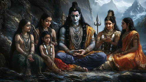 Sacred mountain family gathers in calm, meditative harmony