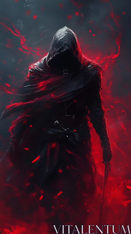 Hooded revenant in crimson smoke, dramatic fantasy portrait.