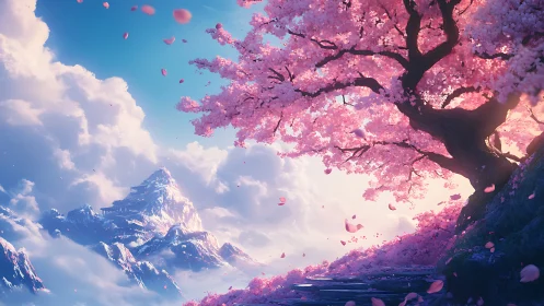 Gentle sunrise beneath a pink blossom tree in the clouds.